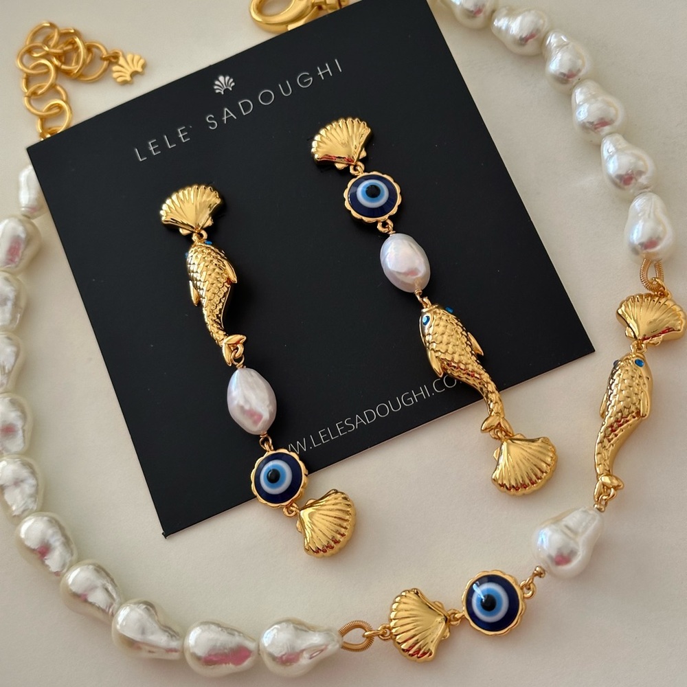 LELE  sadoughi bundle ot two pearl necklaces and long earrings set